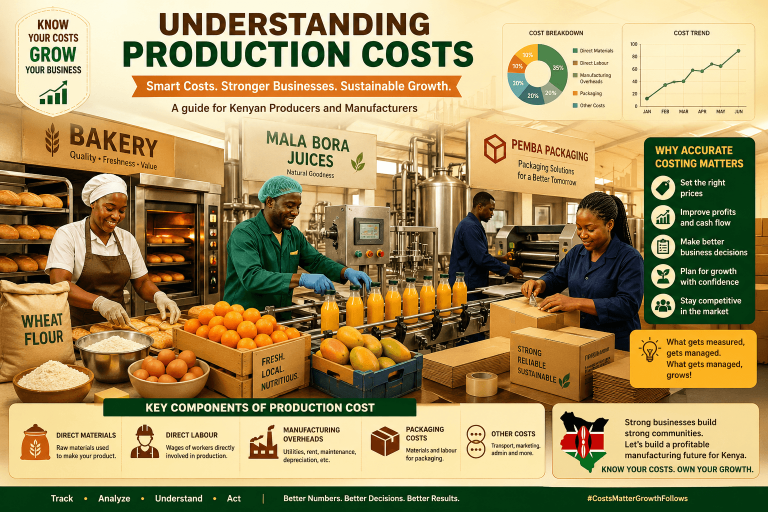Infographic about understanding production costs in a Kenyan food factory, showing workers, packaging, and cost charts.