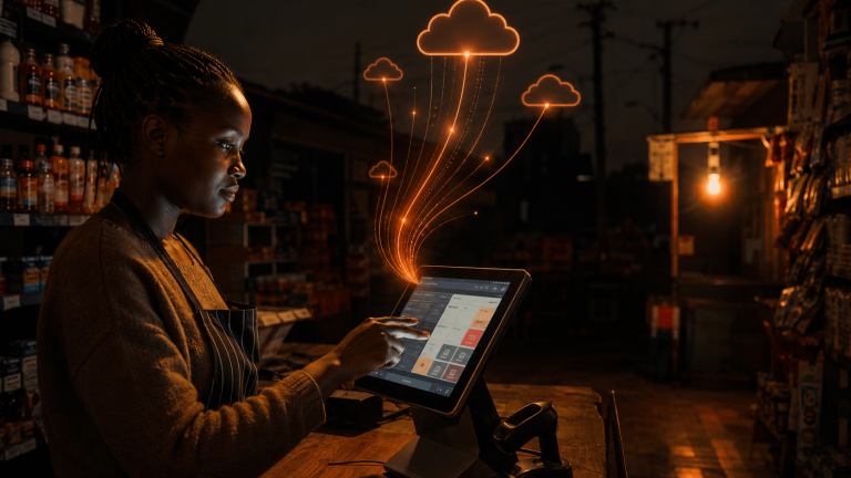 Retail worker in a dim store uses a touchscreen POS tablet at the counter, with orange neon cloud data trails emanating from the screen.