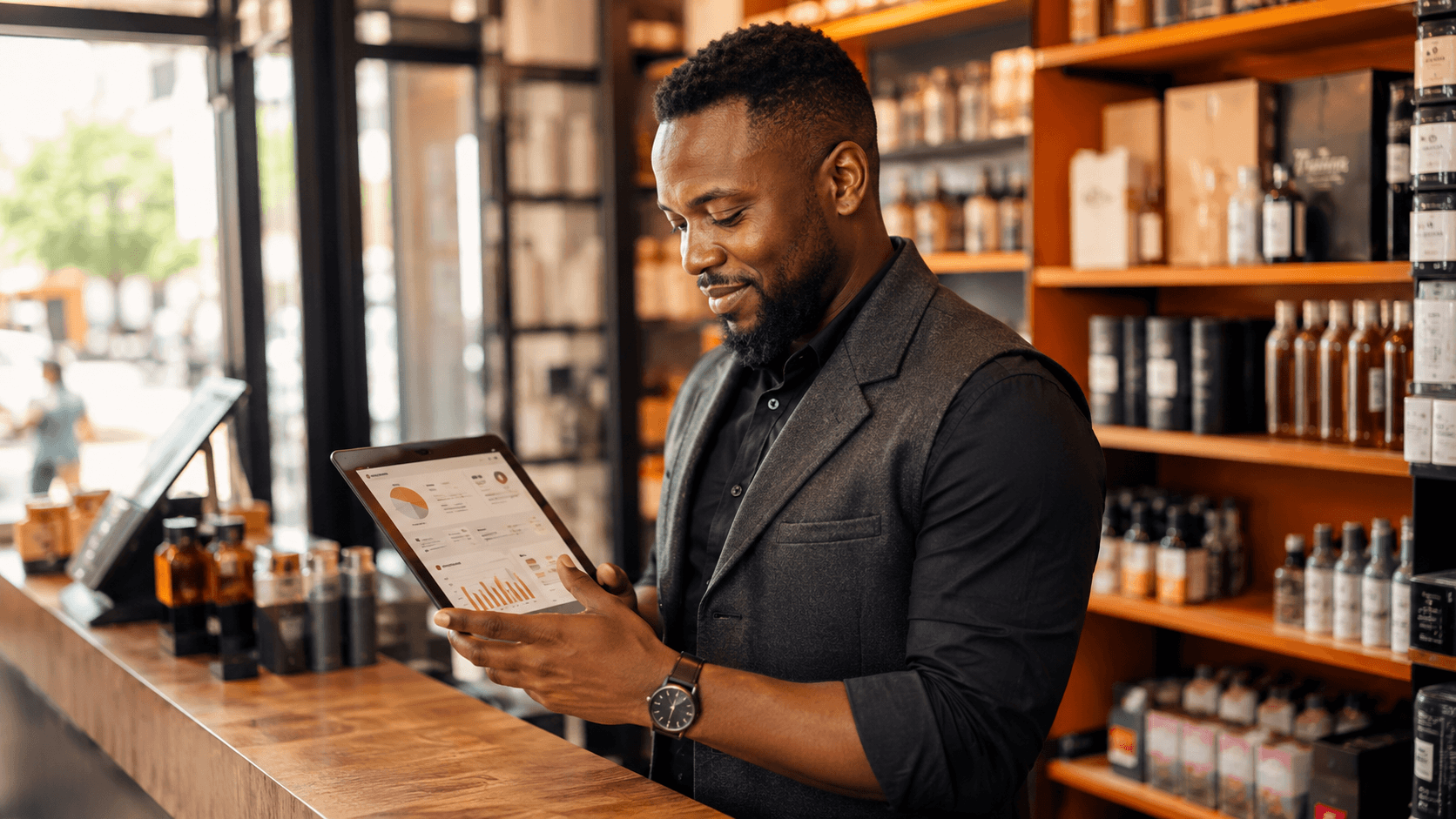 Man in a vest and black shirt at a wooden counter, looking at a tablet with charts inside a shop near shelves of bottles.