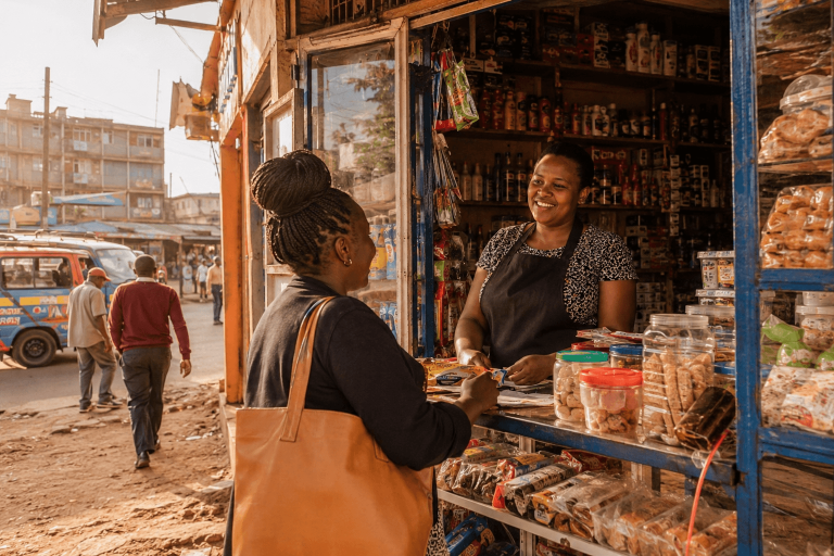 A smiling shopkeeper hands snacks to a customer at a small street-side kiosk, jars and bags of goodies on display inside the blue-framed stall.