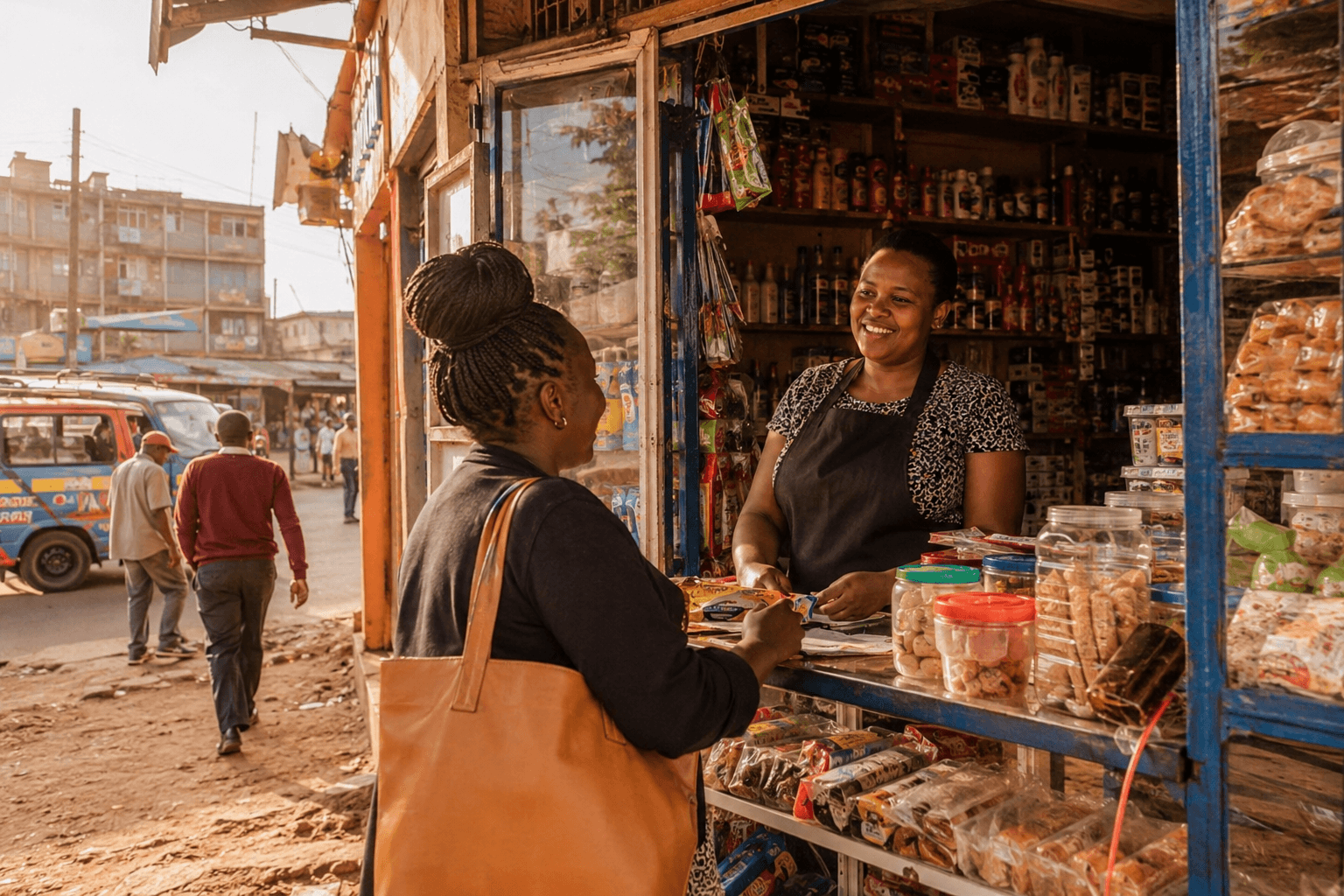 A smiling shopkeeper hands snacks to a customer at a small street-side kiosk, jars and bags of goodies on display inside the blue-framed stall.